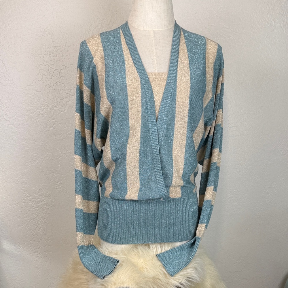 Vintage BCBGMAXAZRIA Metallic Striped Faux-Wrap Knit – Size M - Picture 1 of 14